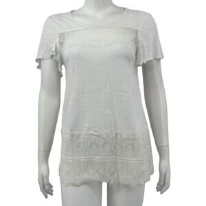 Deletta Anthropologie Top Womens XS Lace Flutter Sleeves White Linen Fairy Boho